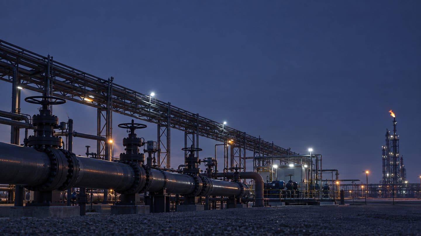 Pipeline manifold and pumping station at dusk