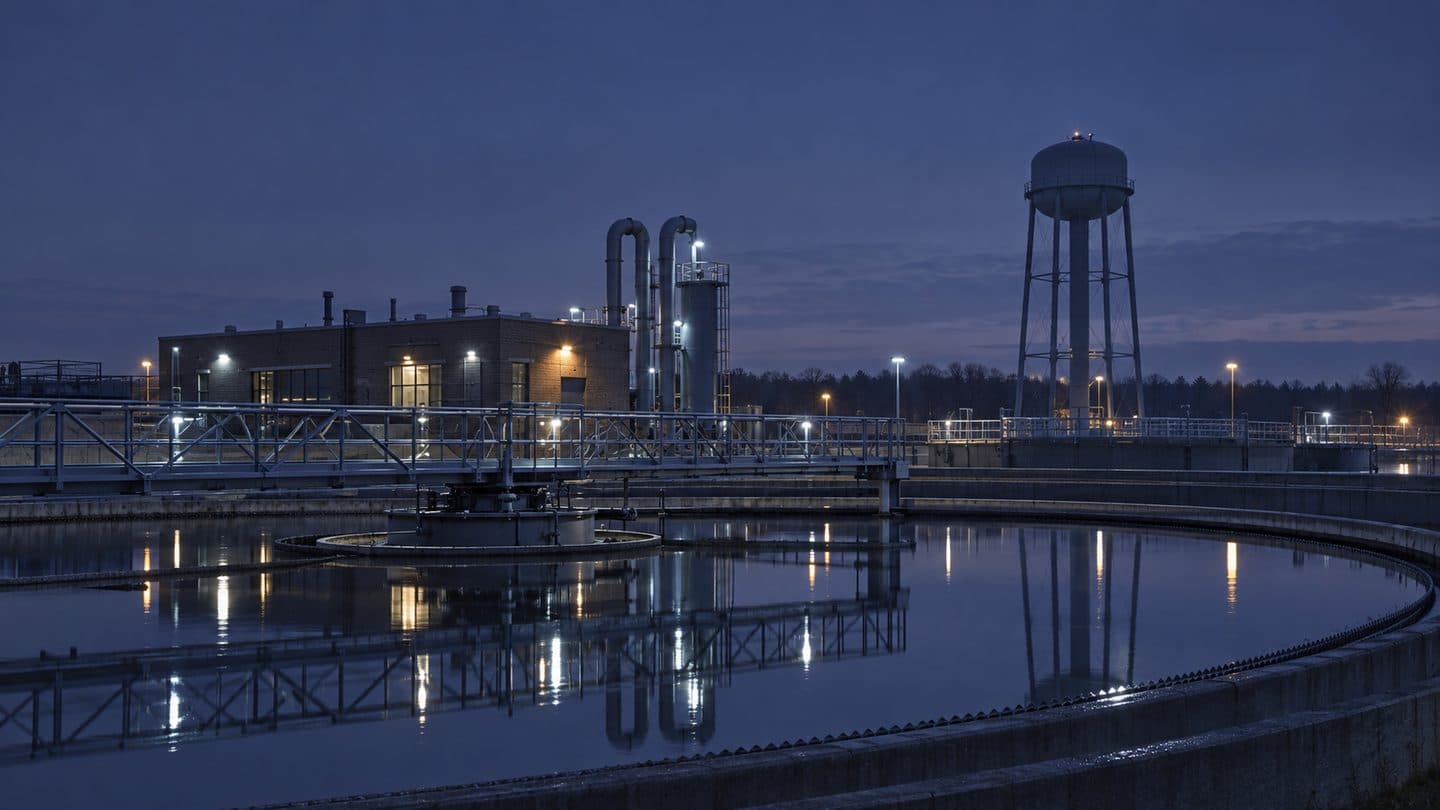 Water treatment plant and water tower at dusk